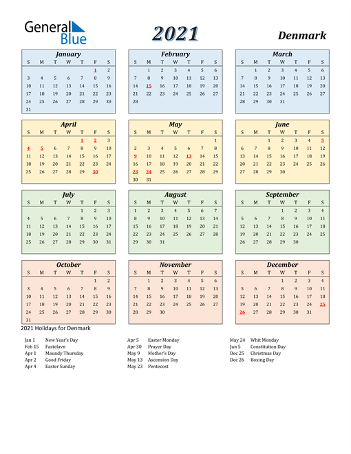 2021 Calendar Denmark With Holidays