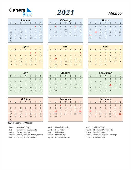 2021 Mexico Calendar with Holidays