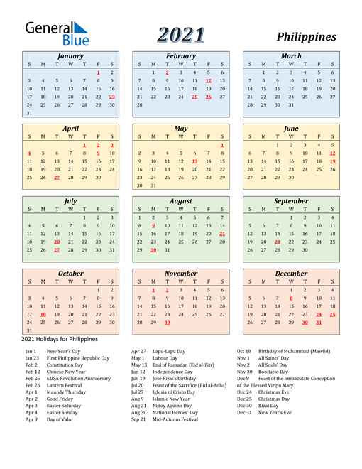 2021 Calendar - Philippines with Holidays