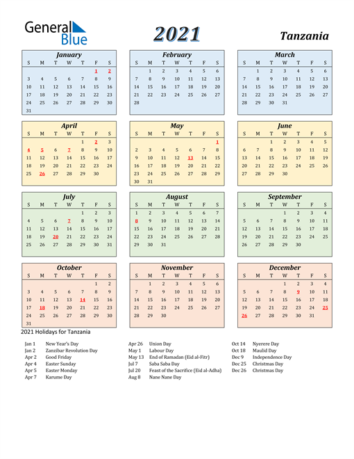 2021 Calendar - Tanzania with Holidays