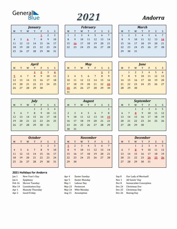 Andorra Calendar 2021 with Monday Start