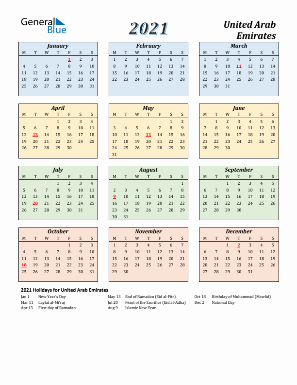 United Arab Emirates Calendar 2021 with Monday Start