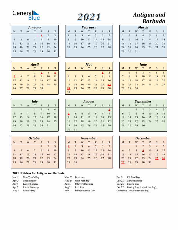 Antigua and Barbuda Calendar 2021 with Monday Start