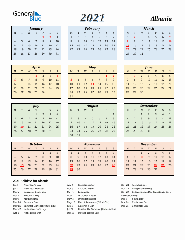 Albania Calendar 2021 with Monday Start
