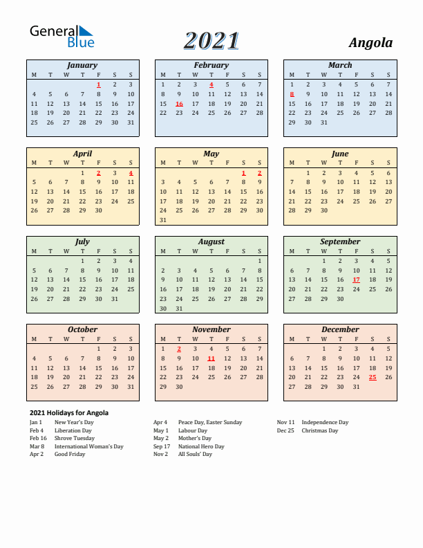 Angola Calendar 2021 with Monday Start