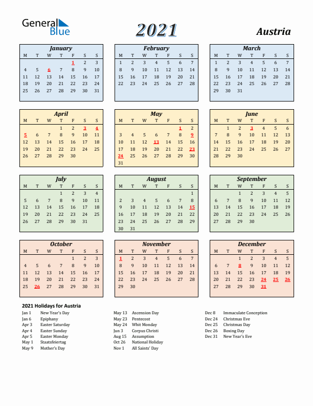 Austria Calendar 2021 with Monday Start