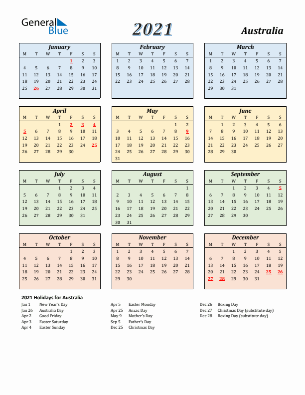 Australia Calendar 2021 with Monday Start