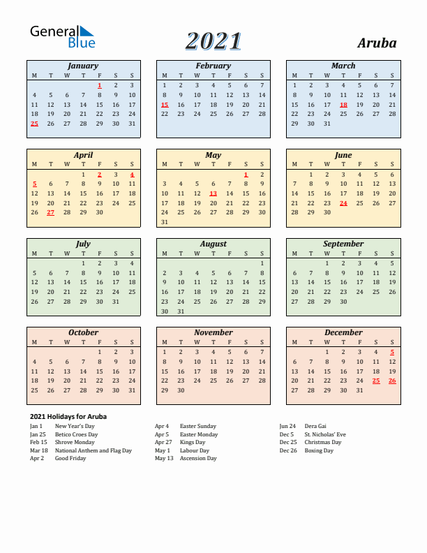 Aruba Calendar 2021 with Monday Start