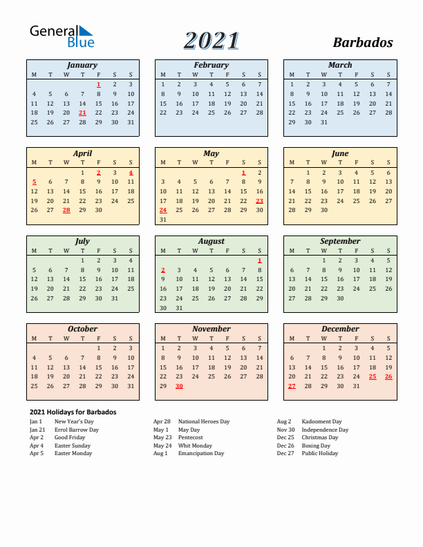 Barbados Calendar 2021 with Monday Start