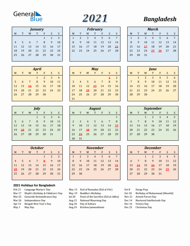 Bangladesh Calendar 2021 with Monday Start