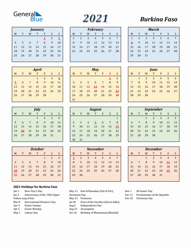 Burkina Faso Calendar 2021 with Monday Start