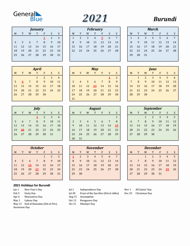 Burundi Calendar 2021 with Monday Start