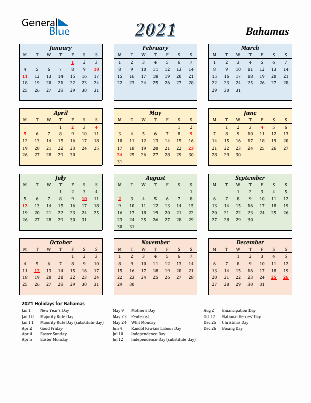 Bahamas Calendar 2021 with Monday Start