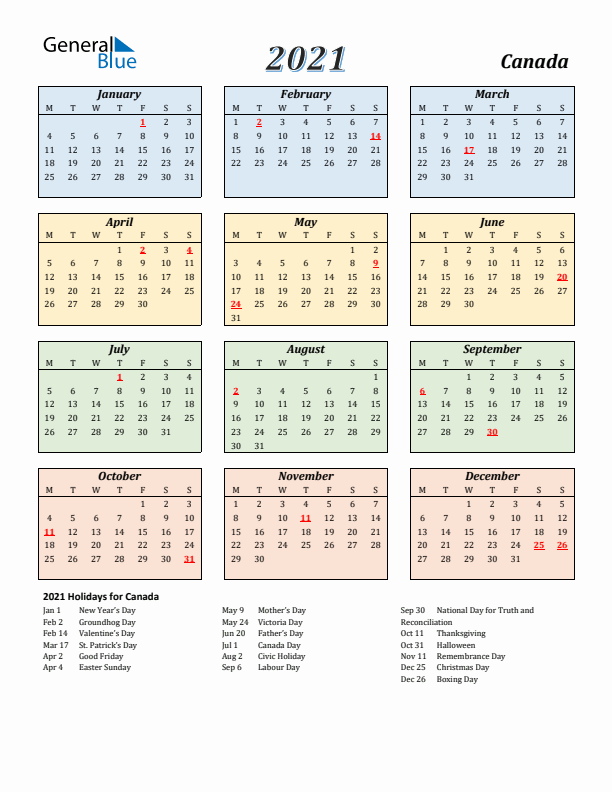 Canada Calendar 2021 with Monday Start