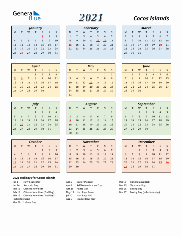 Cocos Islands Calendar 2021 with Monday Start