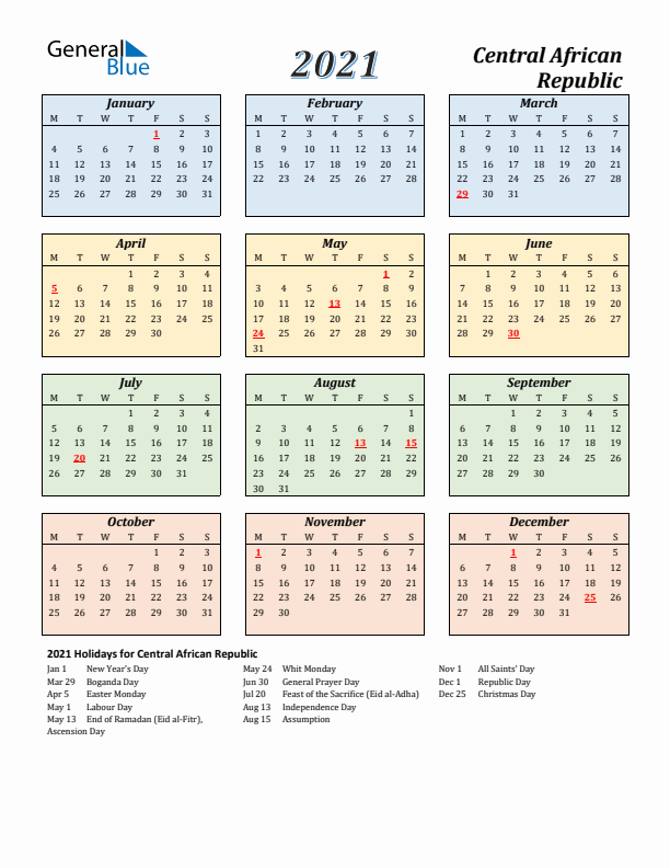 Central African Republic Calendar 2021 with Monday Start