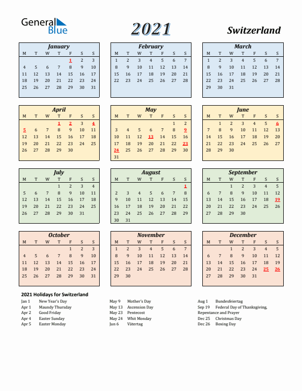 Switzerland Calendar 2021 with Monday Start