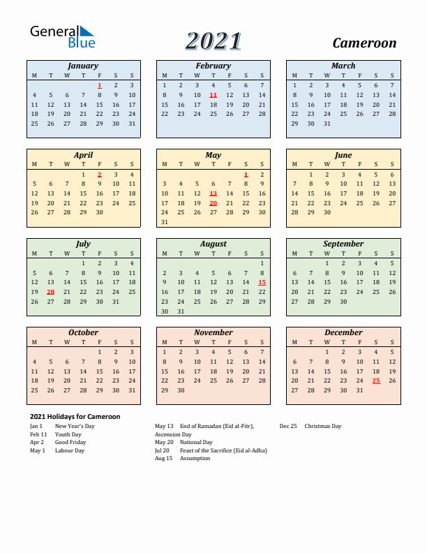 Cameroon Calendar 2021 with Monday Start