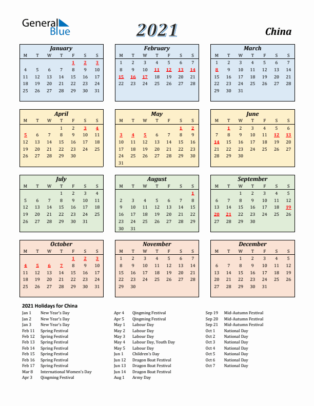 China Calendar 2021 with Monday Start