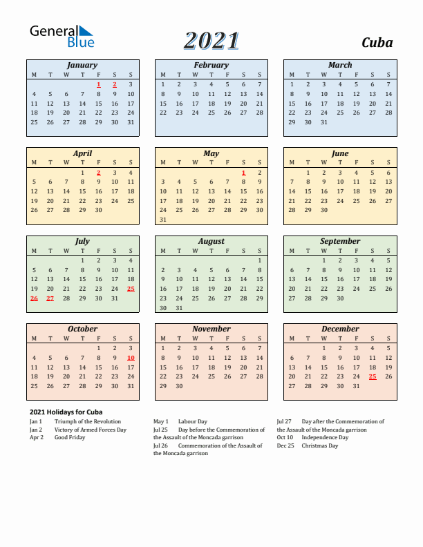 Cuba Calendar 2021 with Monday Start