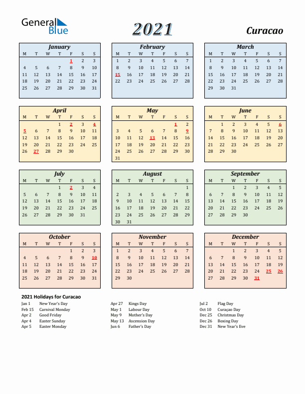 Curacao Calendar 2021 with Monday Start