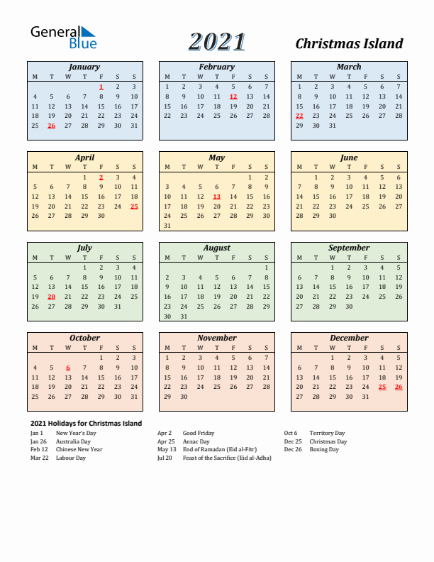Christmas Island Calendar 2021 with Monday Start