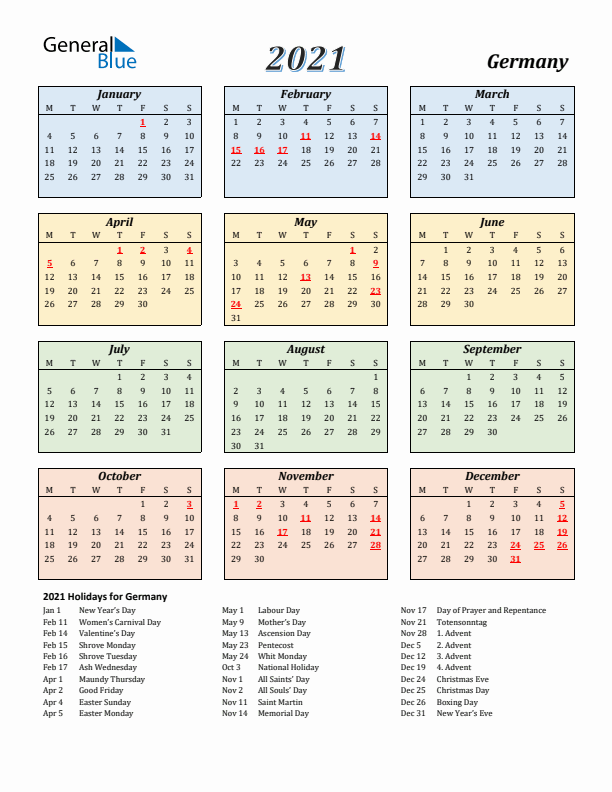 Germany Calendar 2021 with Monday Start