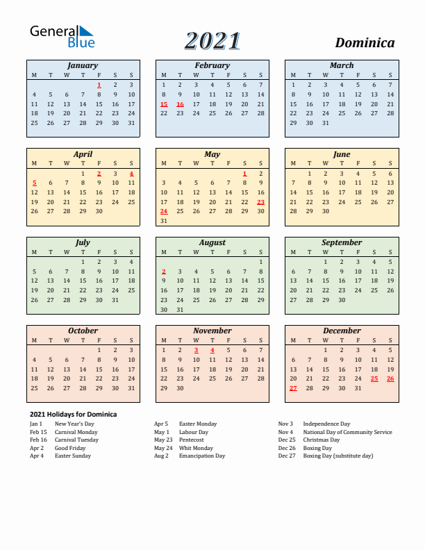 Dominica Calendar 2021 with Monday Start