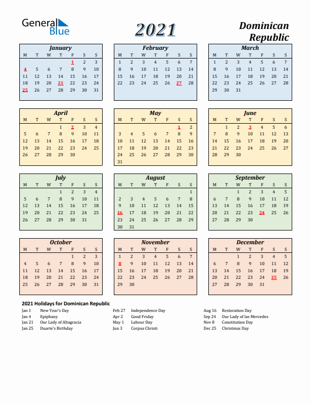 Dominican Republic Calendar 2021 with Monday Start