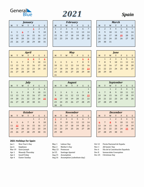 Spain Calendar 2021 with Monday Start
