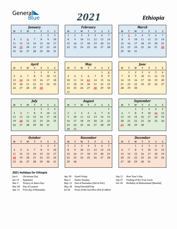 Ethiopia Calendar 2021 with Monday Start