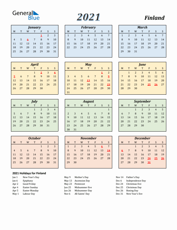 Finland Calendar 2021 with Monday Start