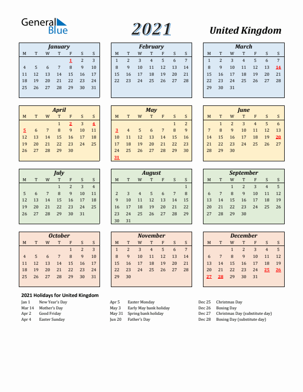 United Kingdom Calendar 2021 with Monday Start