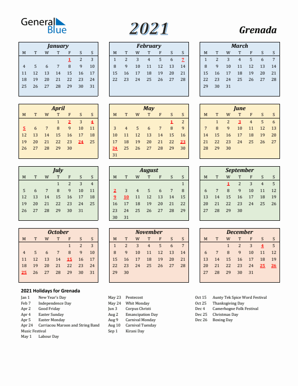 Grenada Calendar 2021 with Monday Start