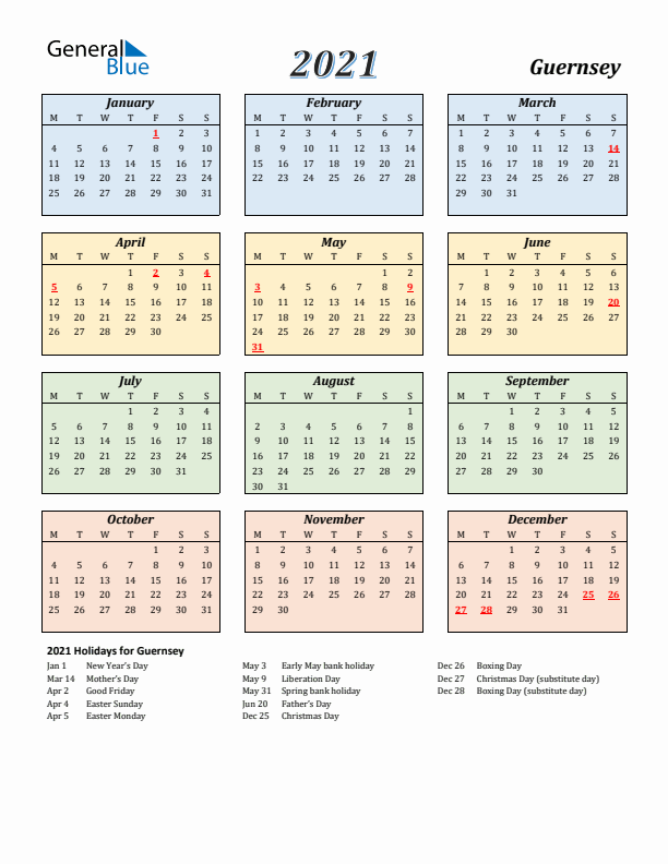 Guernsey Calendar 2021 with Monday Start