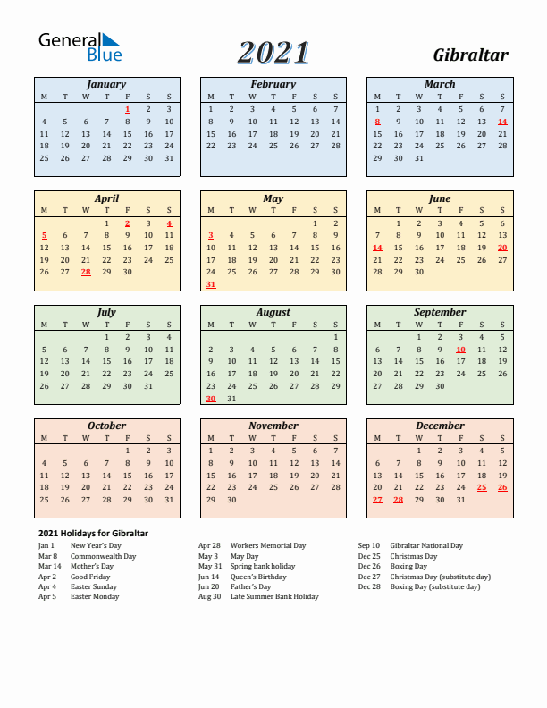 Gibraltar Calendar 2021 with Monday Start