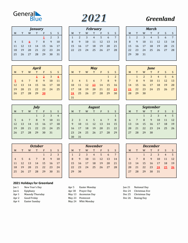 Greenland Calendar 2021 with Monday Start
