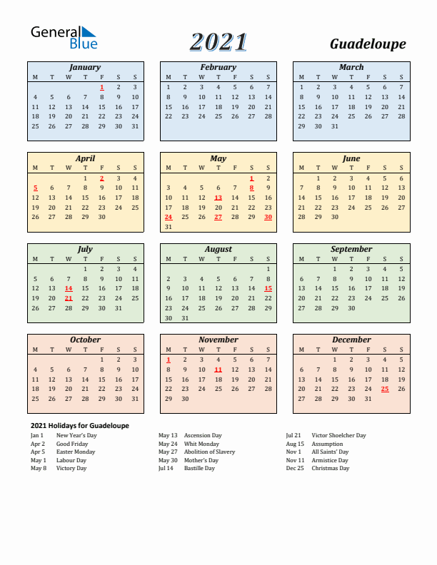 Guadeloupe Calendar 2021 with Monday Start