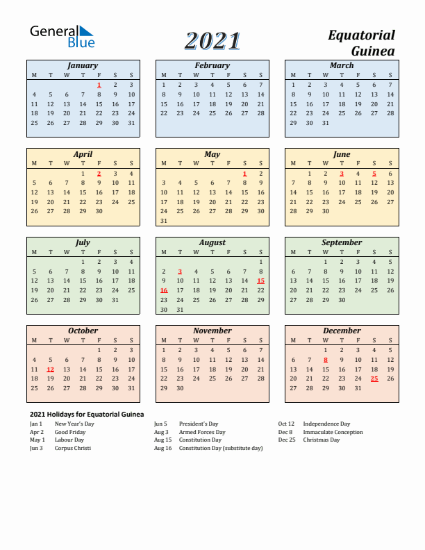 Equatorial Guinea Calendar 2021 with Monday Start