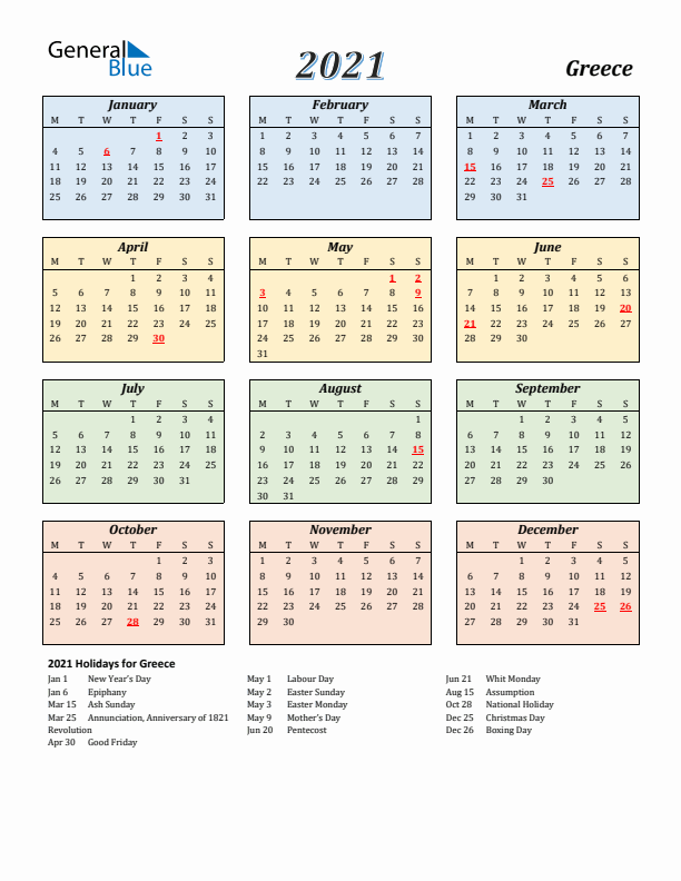 Greece Calendar 2021 with Monday Start