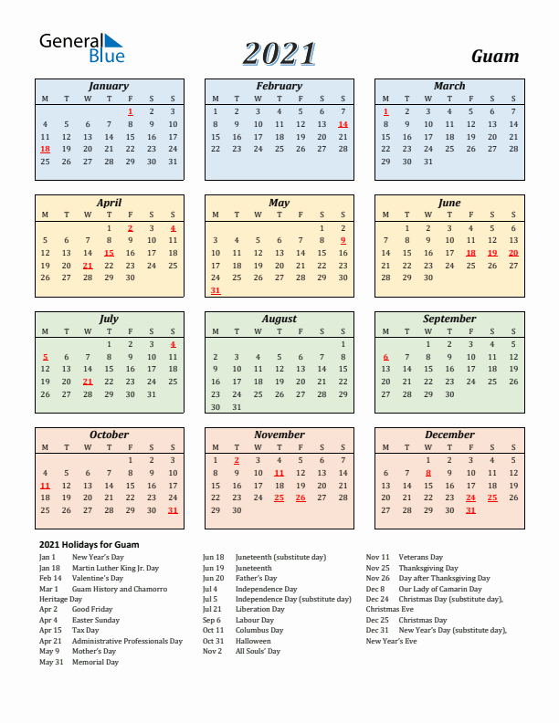 Guam Calendar 2021 with Monday Start