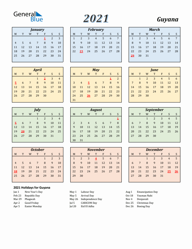 Guyana Calendar 2021 with Monday Start