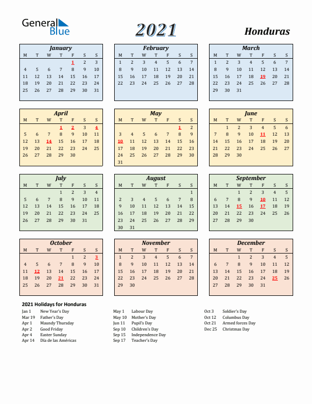 Honduras Calendar 2021 with Monday Start