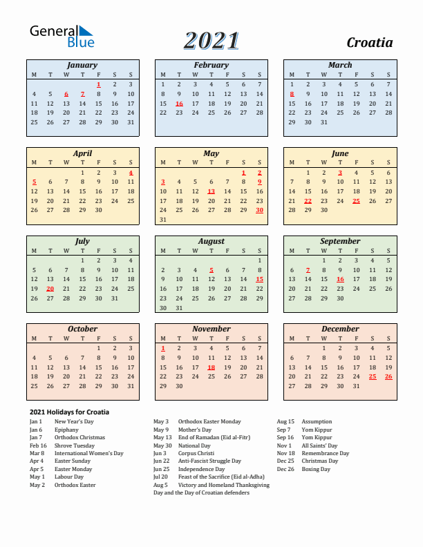 Croatia Calendar 2021 with Monday Start