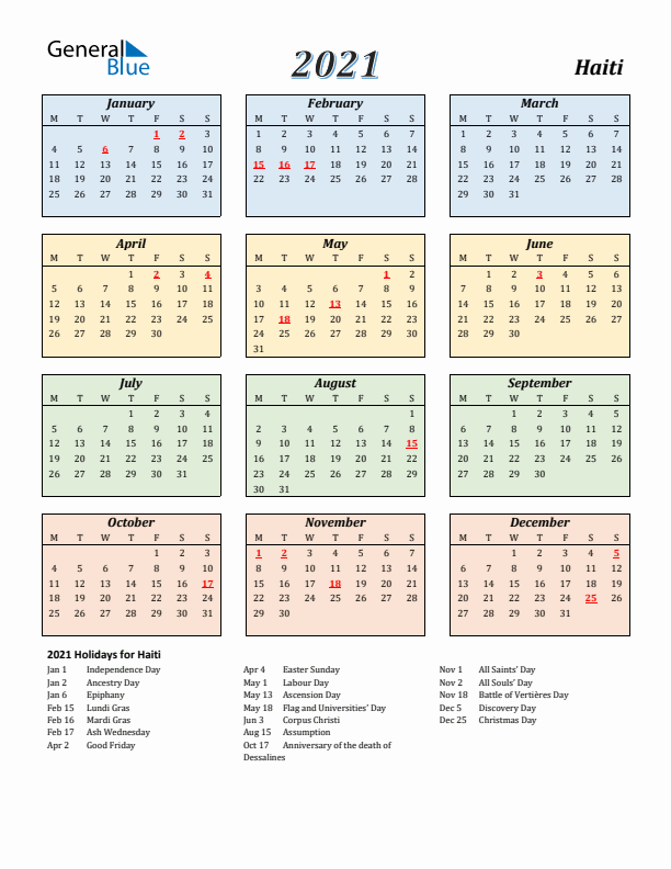 Haiti Calendar 2021 with Monday Start
