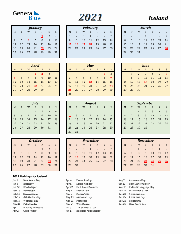 Iceland Calendar 2021 with Monday Start