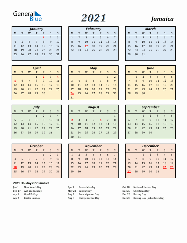Jamaica Calendar 2021 with Monday Start