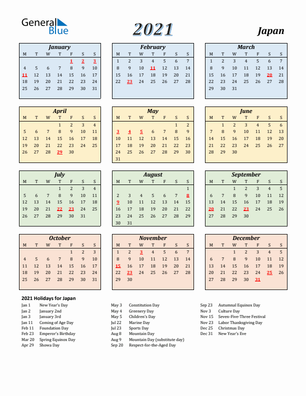 Japan Calendar 2021 with Monday Start