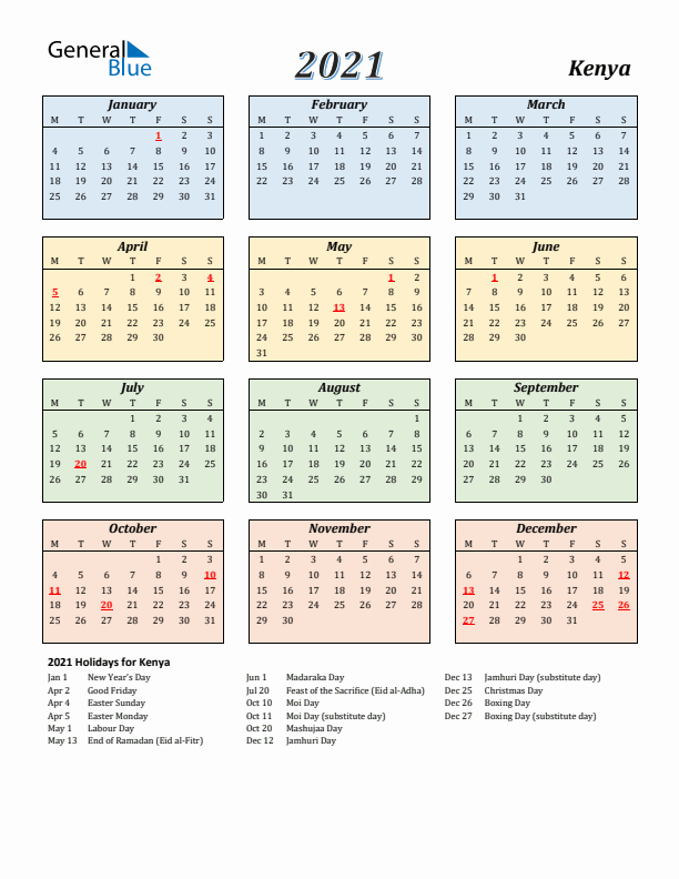 Kenya Calendar 2021 with Monday Start