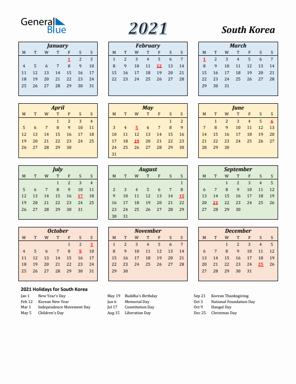 South Korea Calendar 2021 with Monday Start